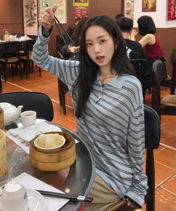 베오린 카라넥 오버핏 배색 단가라 긴팔 니트 -4color