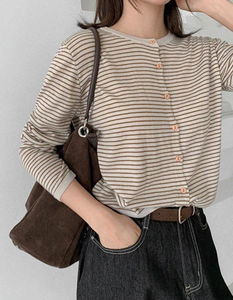 休閒條紋圓領七分袖開襟針織外套