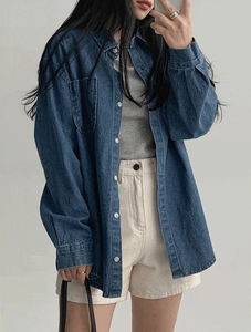 單口袋寬鬆丹寧襯衫