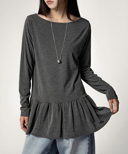 褶邊層次長袖圓領T恤
