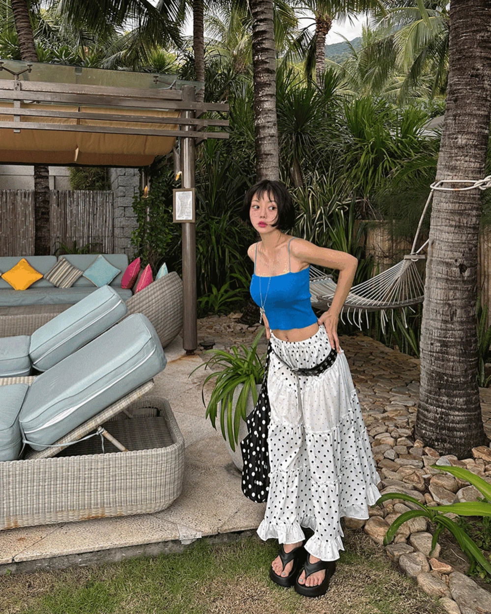 藍色方領緊身無袖針織平口上衣