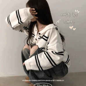Mogu Overfit Striped Hooded Knitwear Cardigan Zip-up -
