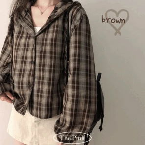 슈크 체크 스트링 세미크롭 후드 셔츠 (2color)