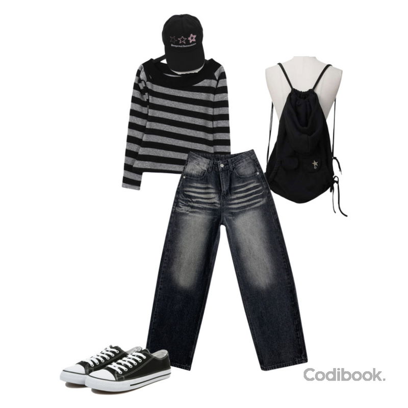 VANHECER 베이직 캔버스 스니커즈 S#JI060,JASMINBELL 리나 색감깡패 Y2K 빈티지 유니크 캣워싱 하이웨스트 롱와이드 바지,wonderwonder 노킨 스트라이프 원 숄더 언발 니트 티셔츠등을 매치한 코디