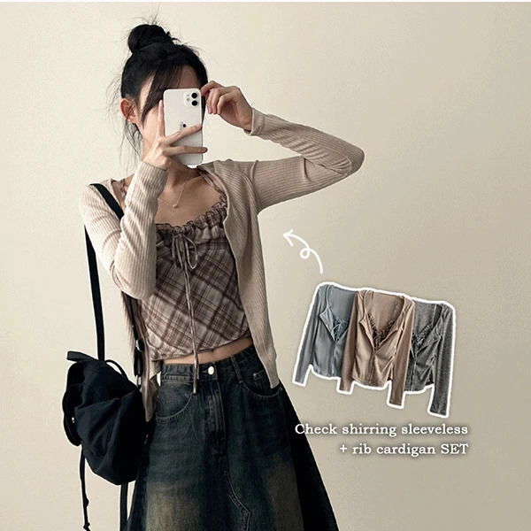 베니 체크나시리본BL+가디건 세트 (3color)