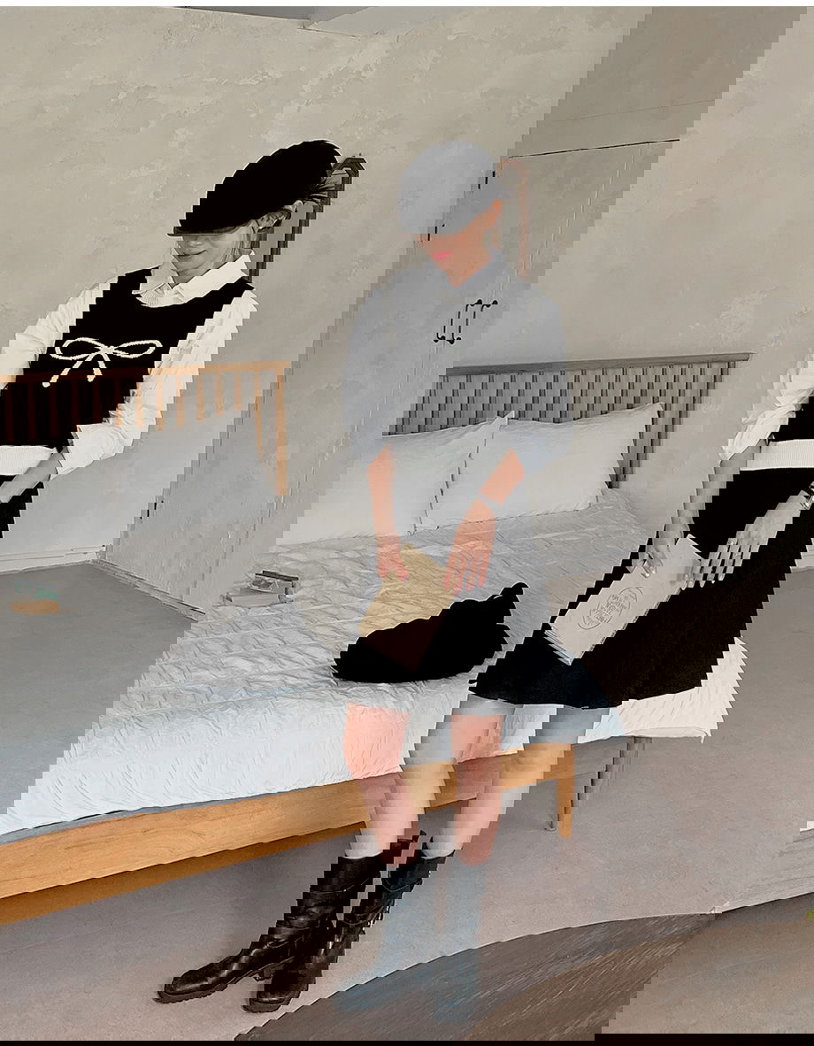 리리앤코 키든링 리본 배색 라운드넥 니트 조끼