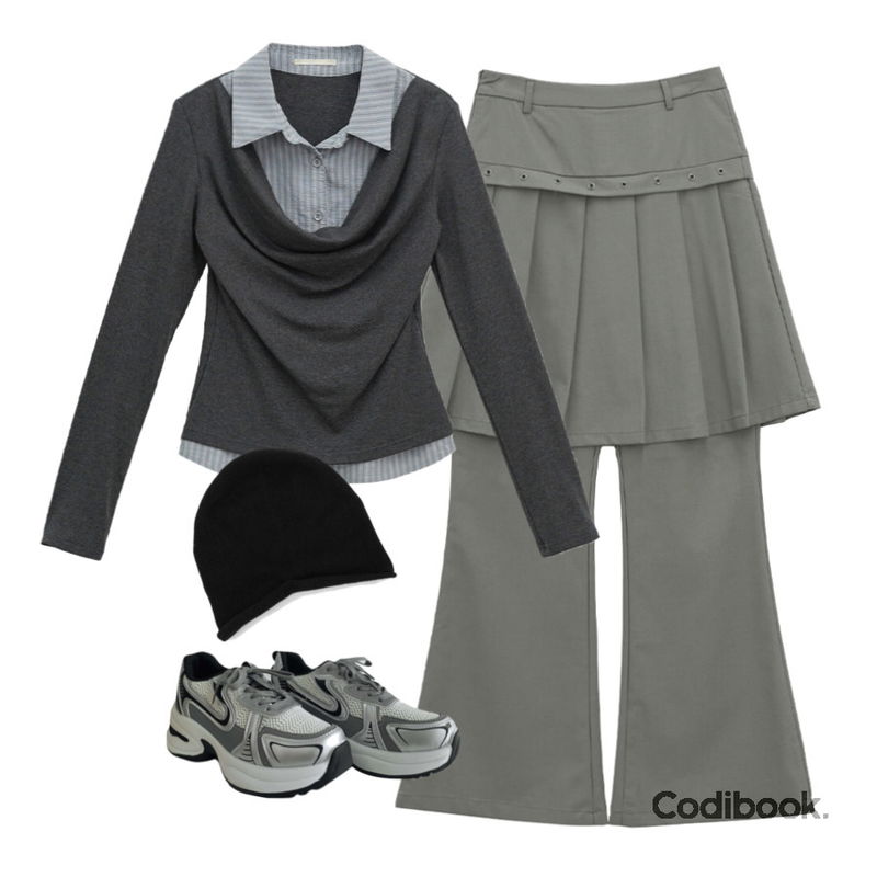 wannabemuse 6CM 통굽 어글리 스니커즈 운동화 신발 메쉬 스포티 캐주얼 헬스화 러닝화 데일리 실버 개강룩,binary01 슈드 레이어드 아일렛 스커트팬츠,binary01 유셀 레이어드 셔츠 티셔츠등을 매치한 코디