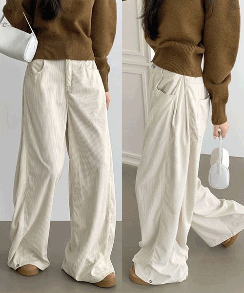 燈芯絨摺皺下擺寬褲