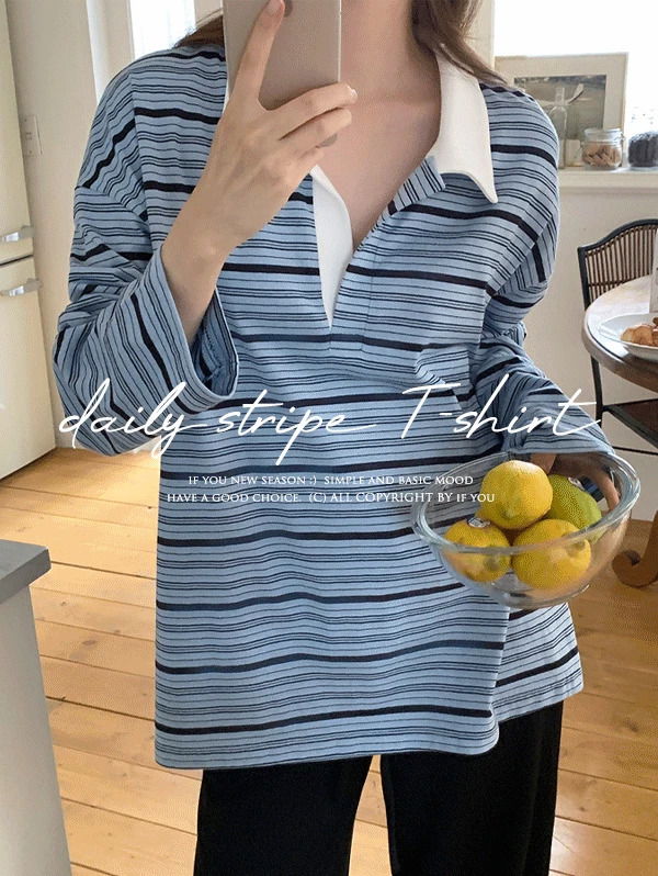 簡約直線條紋翻領長袖上衣