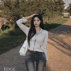 엣지 노카라넥 초커 빈티지 버튼 지퍼 포켓 절개라인 슬림핏 간절기 코튼 자켓