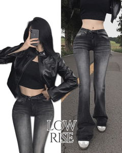 Denim Pick Low-Rise Low-Waist Denim Faded Flared Long Pants