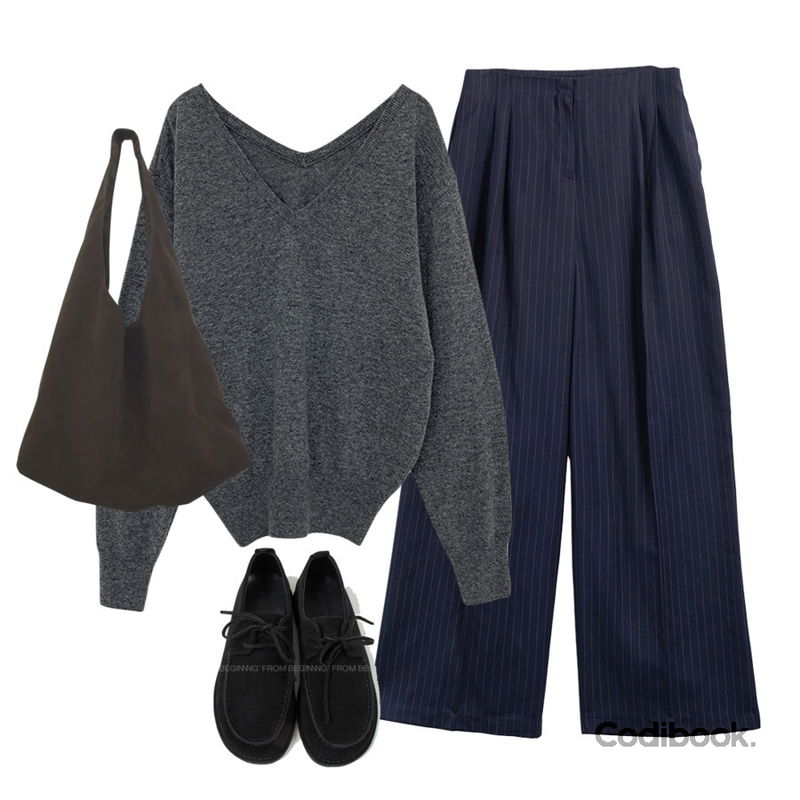 From Beginning(O) 헤드 리얼스웨이드로퍼 (3color),DUGGY 호퍼 스웨이드 숄더백 (2color),moaround 아렌드 울 루즈핏 브이넥 니트 -4color등을 매치한 코디