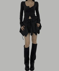 Striped skirt pants shirring flare mini skirt