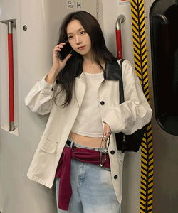 Utihen two-tone leather collar cotton work jacket - 2 colors