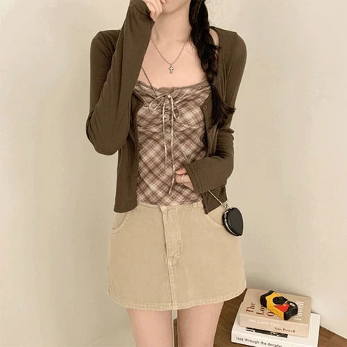 Kerin's Check Frill Smocked Strap Sleeveless Long Sleeve Cardigan Two-Piece Set