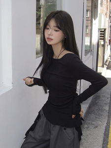 不規則下擺露肩長袖T恤