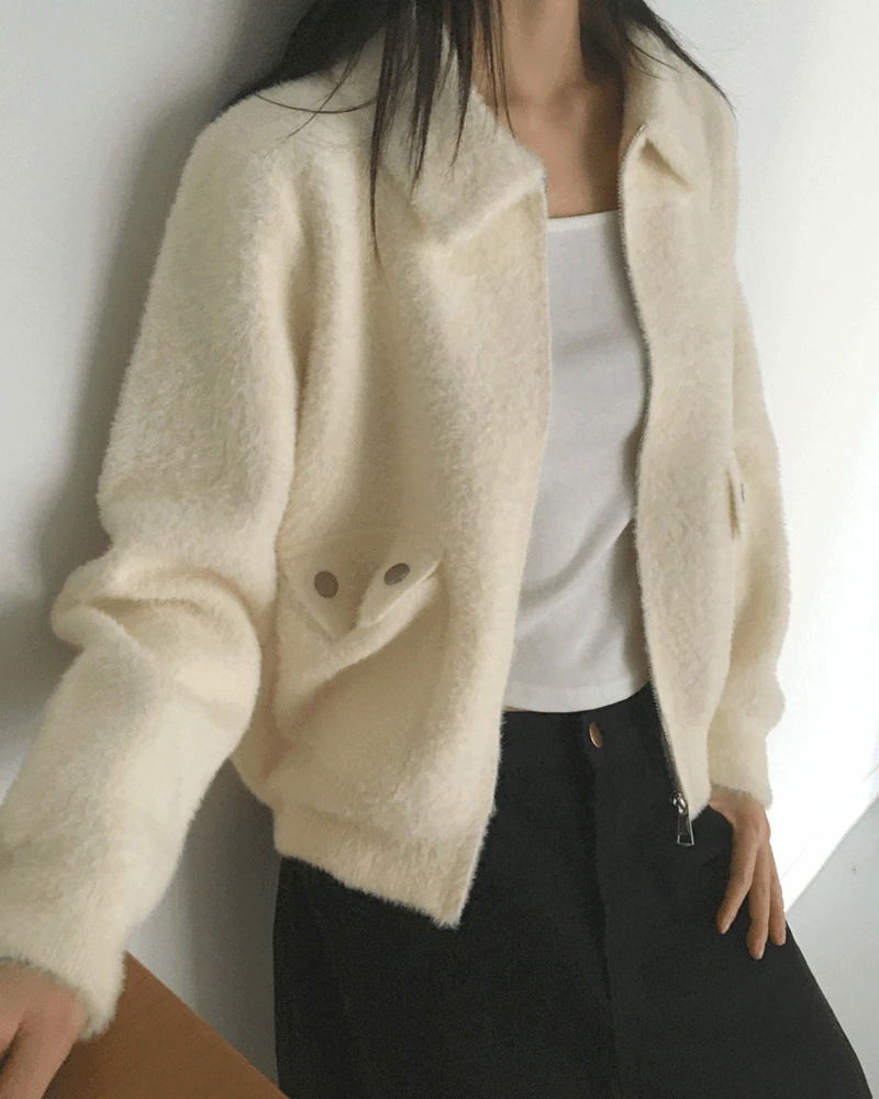 Lawson flap pocket angora fur collar zip-up