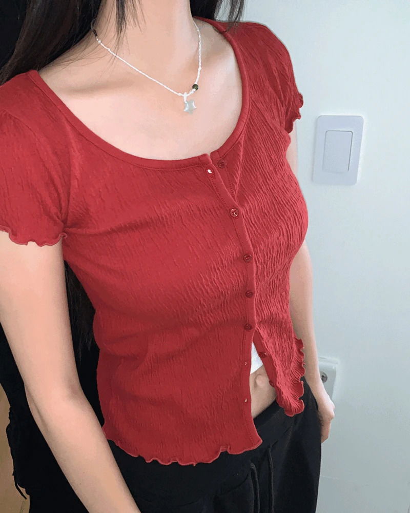 Plain Wrinkle Wave Button Short Sleeve Cardigan 短袖上衣