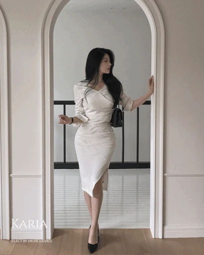 카리아 셔츠카라 브이넥 랩 셔링 핀턱 언발 트임 지퍼 스트라이프 하객룩 긴팔 롱 원피스