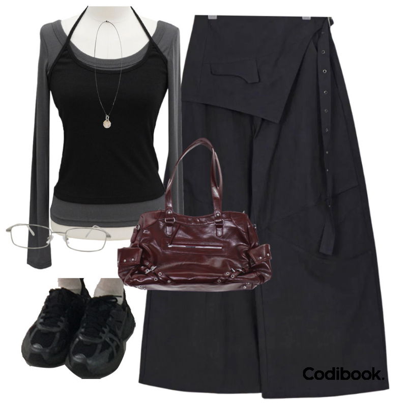 DAILYJOU 슈가붐 레트로 메탈 안경,DAILYJOU 알렌 빈티지 원석 네크리스,EEZEE Belted Wide Pants PA054등을 매치한 코디