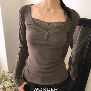 Newbe lace point button Ribbed long sleeve t-shirt