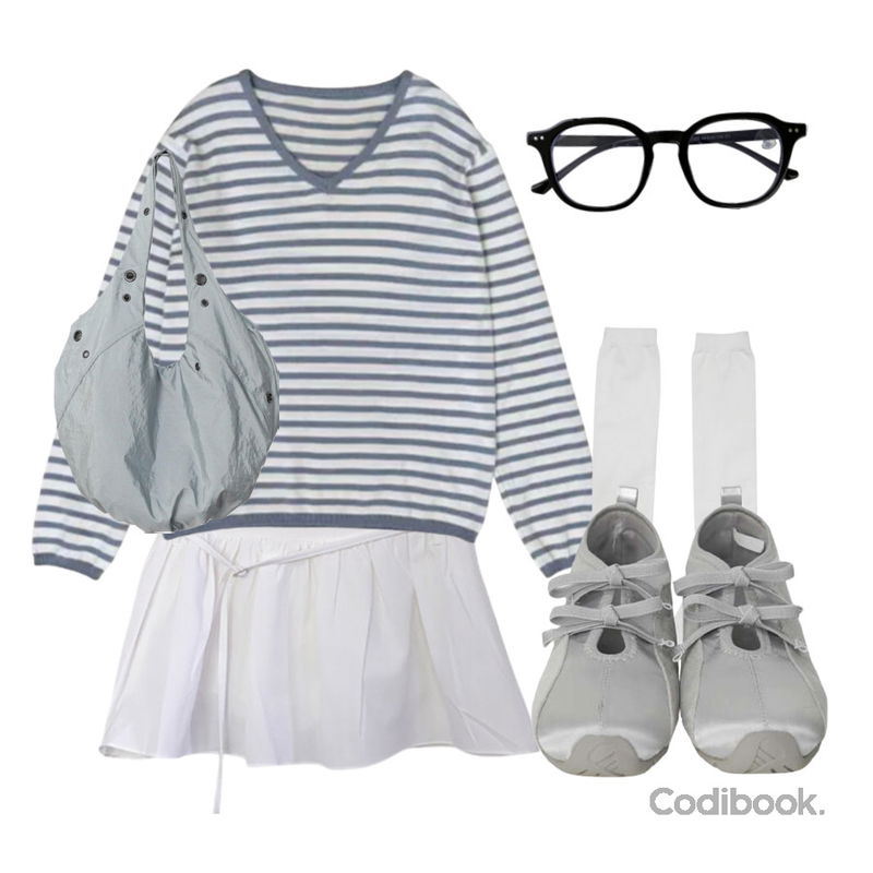 ondeed 토모 블루라이트 차단 투명 스퀘어 패션 뿔테 안경,binary01 루베니 새틴 리본 슈즈,binary01 티바 아일렛 숄더백등을 매치한 코디