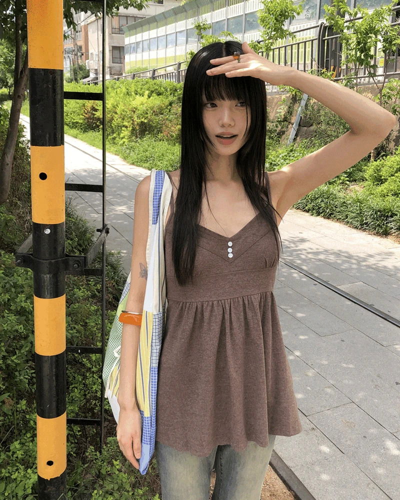 心形領排扣褶皺無袖短版連身洋裝