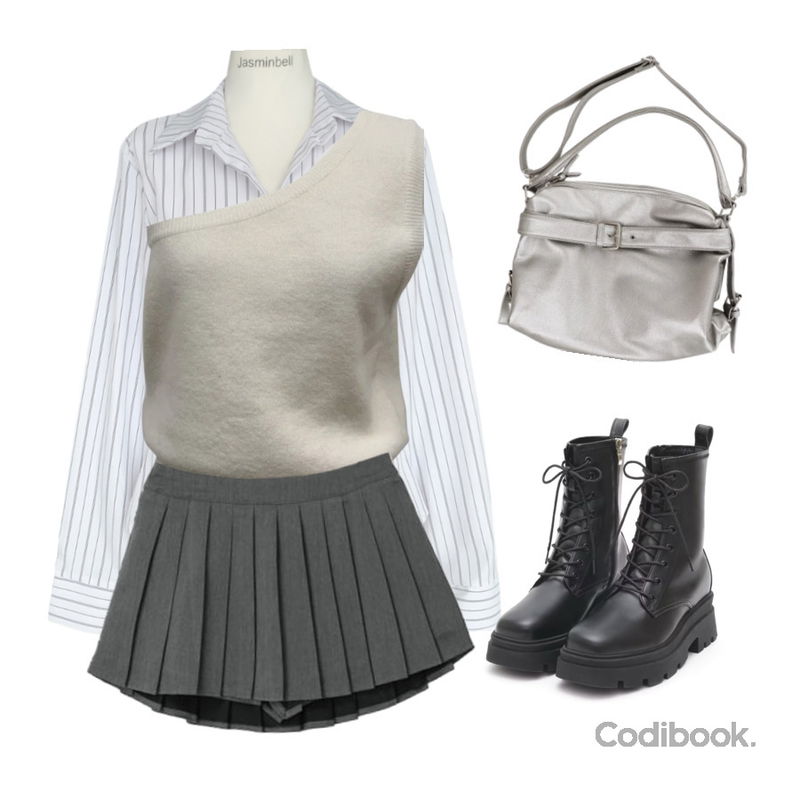 JASMINBELL 엠버 카라 허리 스냅단추 여리핏 스트라이프 줄지 긴팔 셔츠 남방,binary01 오카브 플리츠 미니스커트,wonderwonder 나츠 모터 레더 버클 벨트 숄더백등을 매치한 코디