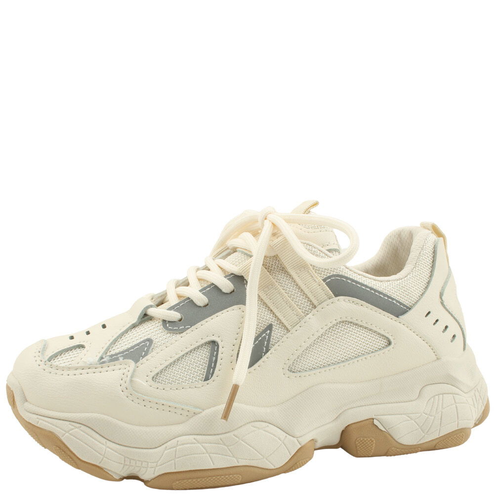 Trendy sporty mesh scotch two-tone chunky heel sneakers 5cm