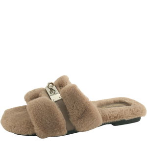 Fur Buckle Chain Fur Flat Slippers Beige