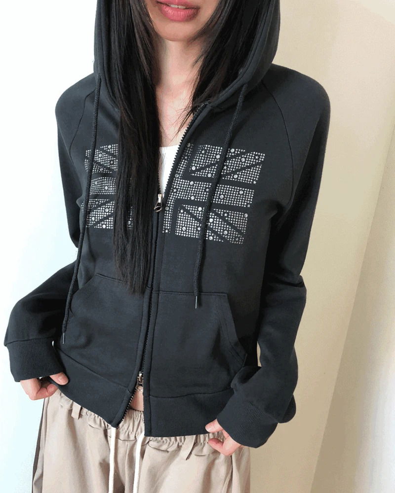 지빌 큐빅 프린팅 성조기 크롭 긴팔 후드 집업