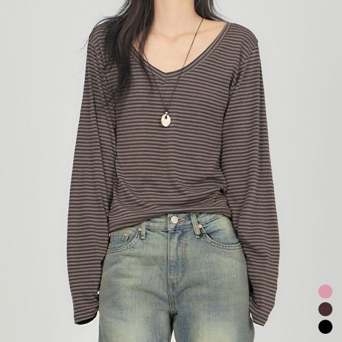 Stripe V-Neck Span T-Shirt TS059