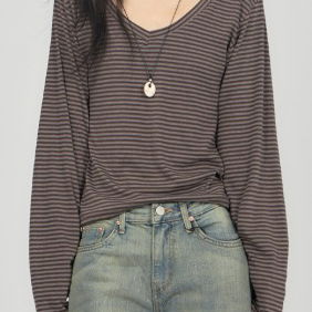 Stripe V-Neck Span T-Shirt TS059