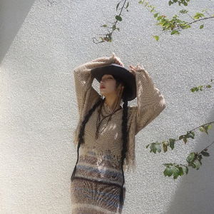 FRINGE V-NECK KNIT TOP (BEIGE)
