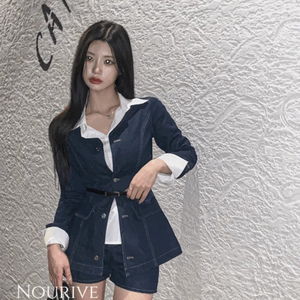 누리브 브이넥 스티치 라인 포켓 버튼 자켓 하이웨스트 밴딩 미니 숏 팬츠 데님 청 투피스 set