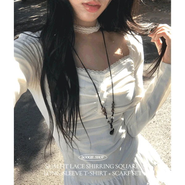 Kaede lace shirring square neck long-sleeved T-shirt and scarf set
