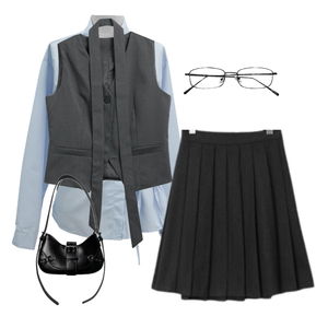 가을,데일리,셔츠,조끼,안경,스커트 코디