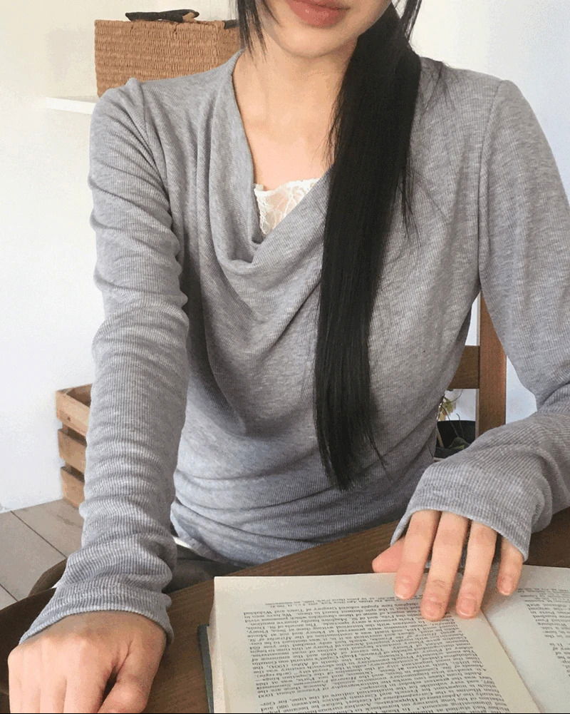 Hitol lace one piece shirring drape t-shirt 长袖上衣