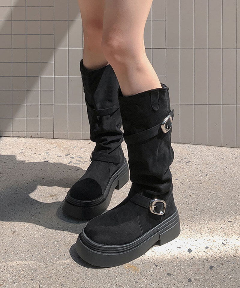 TU Suede Buckle Block Heel Long Boots