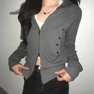 다넬 슬림핏 스터드 골지 크롭 투웨이 후드 집업