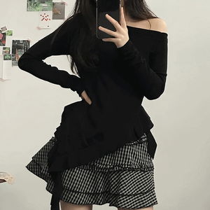 Asymmetrical Frill Off-Shoulder Long Sleeve T-Shirt (3 Colors)