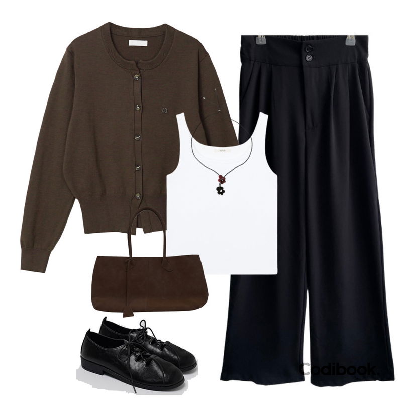 Wansmall 유저블 핀턱 롱 와이드 슬랙스,DUGGY 실버볼 플라워 네크리스 (3color),CHAAKAN 카제오 레이스업 플랫 로퍼 LFLTR1h164등을 매치한 코디