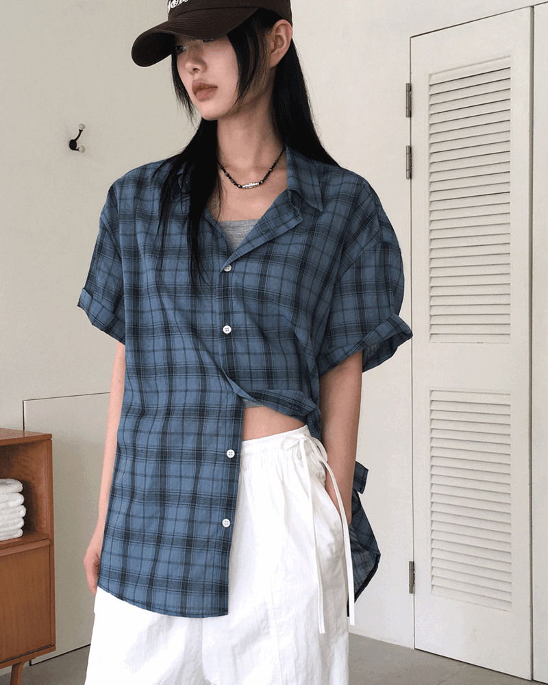 Rona Linen Wrinkle Overfit Check Short Sleeve Shirt