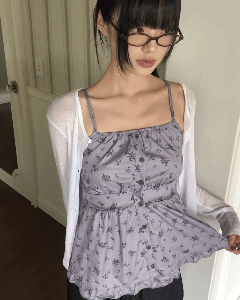 Cushing Flower Pattern Frill Sleeveless Blouse