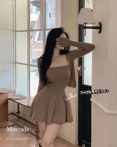 마코드 글램 슬림 길이조절 골지 플레어 나시 미니 원피스 브이넥 긴팔 가디건 세트 투피스