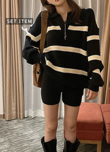 No need to worry about coordination, soft Loose-fit fit, pretty collar, V-neck, Striped V-Neck long-sleeved knitwear + short biker knit pants in 3 colors