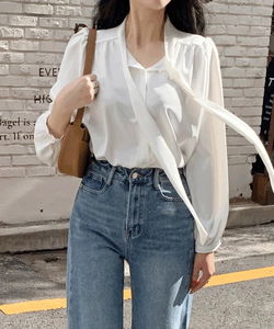 Swan Long Tie Long Sleeve Blouse P000BNYJ