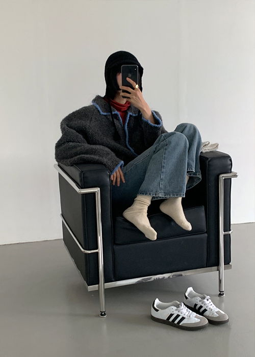 針織拼色翻領寬鬆外套