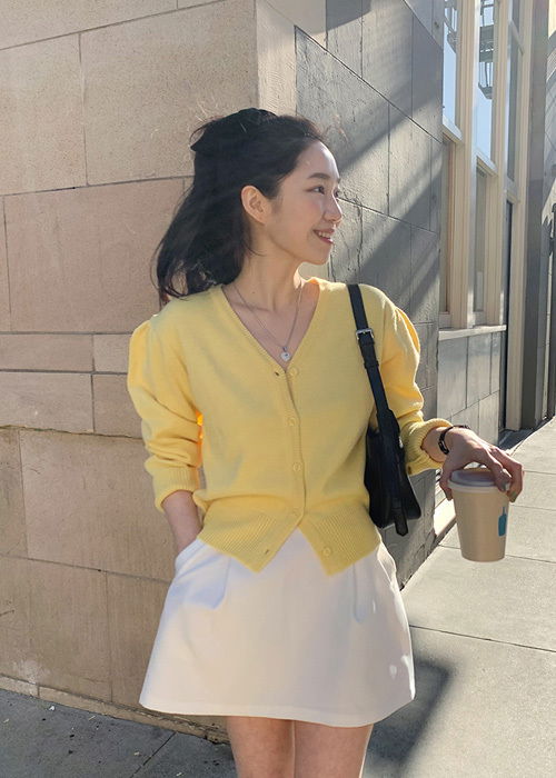 泡泡袖V領針織外套