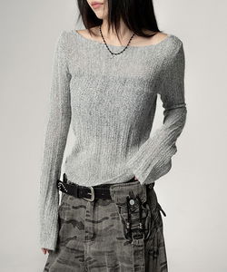 T-back team see-through long-sleeved knitwear BACK SLIT SHEER LONG SLEEVE KNIT